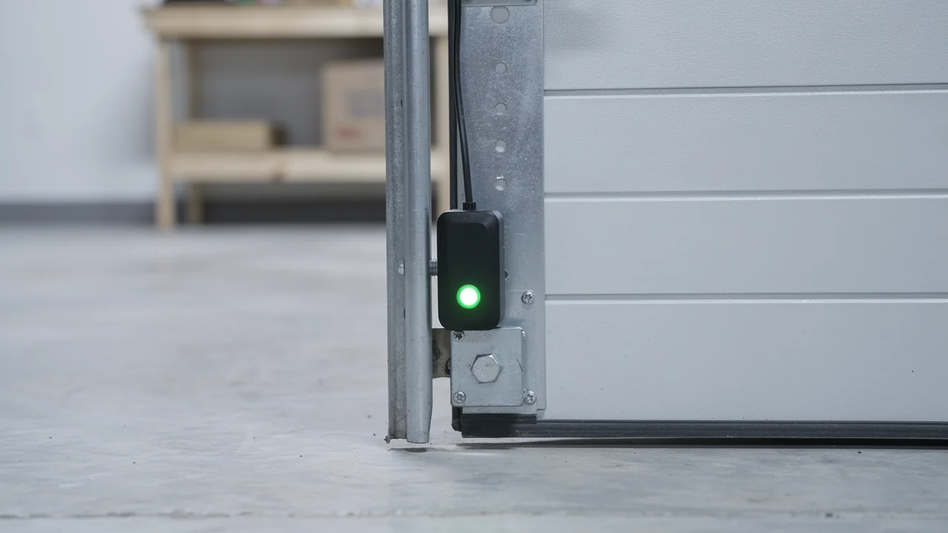 A black sensor with a green light is attached to a garage door track.