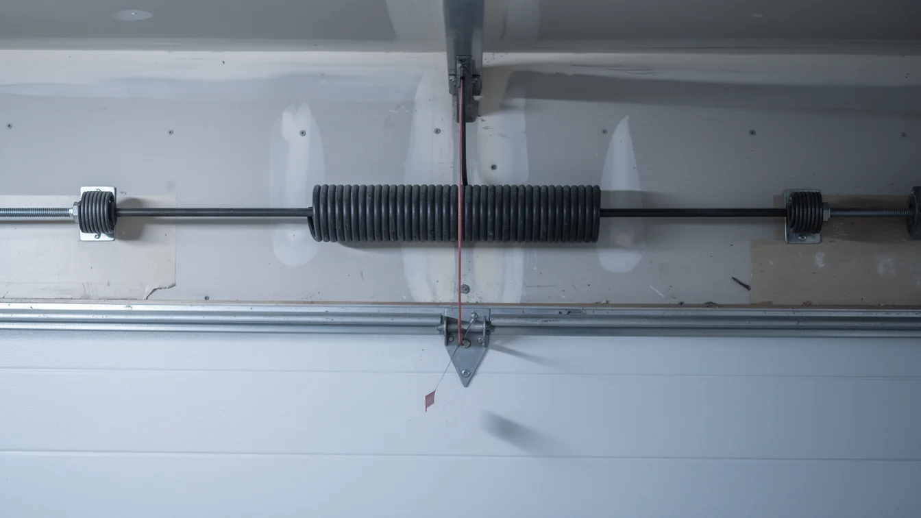 A garage door torsion spring is mounted above a white garage door.