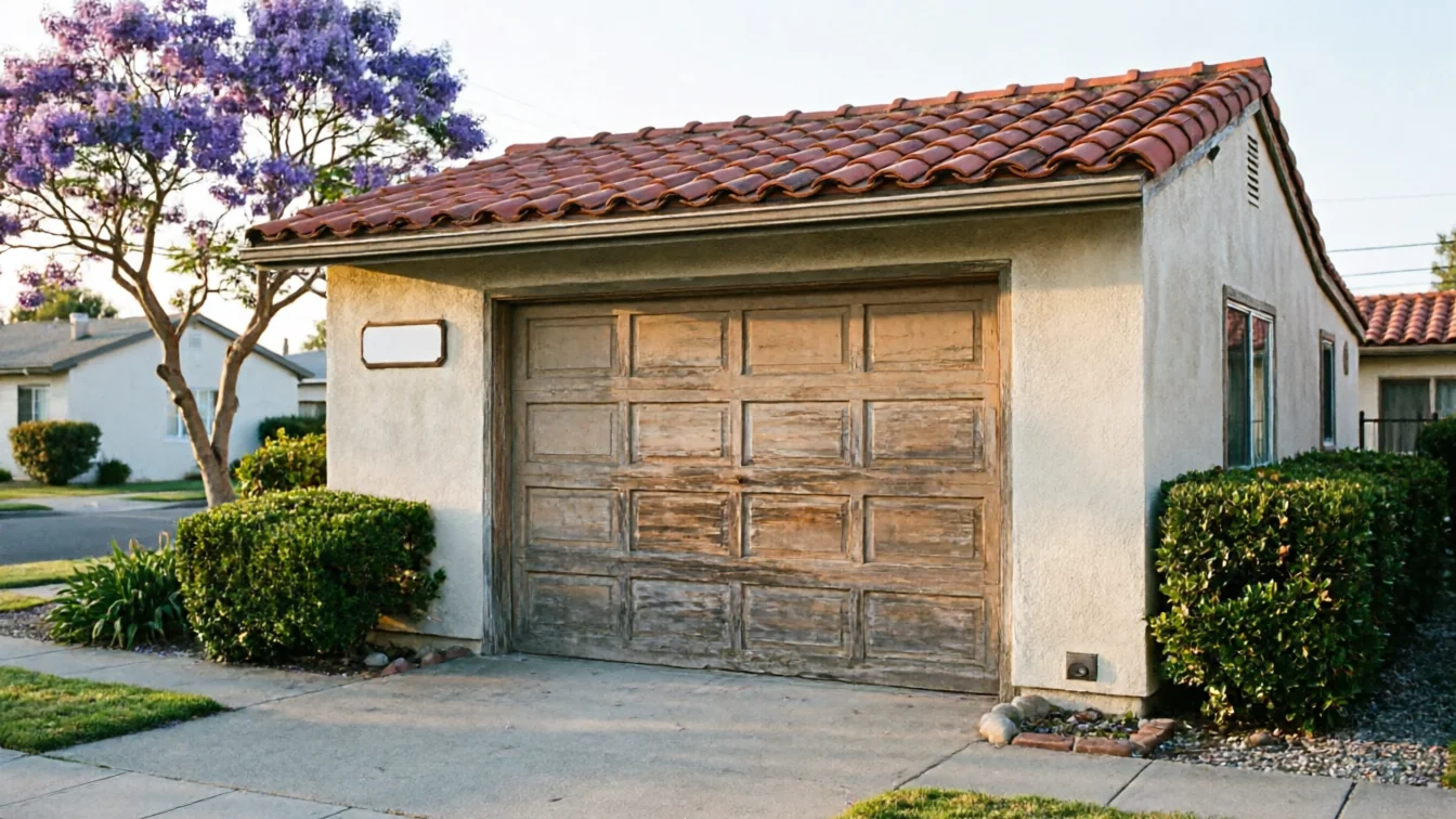 The weathered wooden garage door is on a stucco garage with a red tile roof.