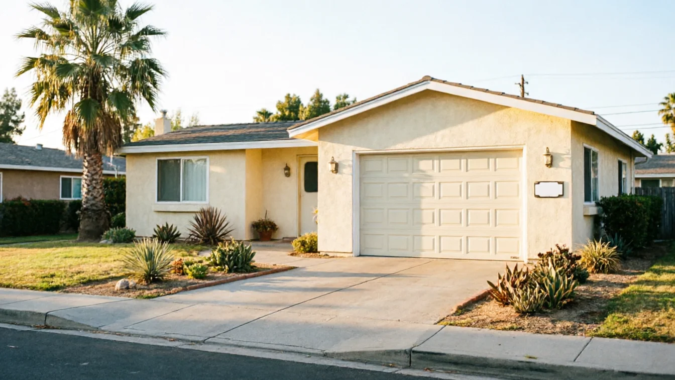 A light yellow house with a white garage door and a palm tree in the front yard.