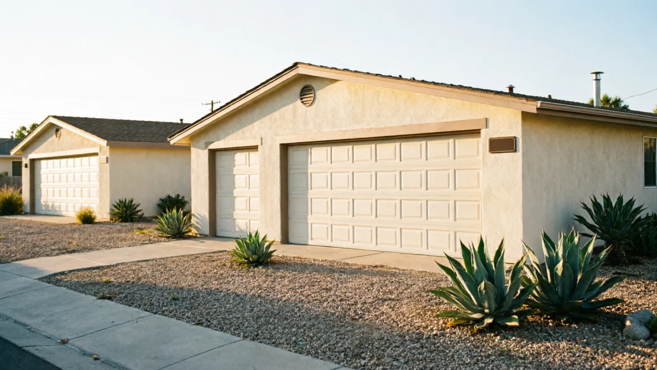 Two houses with tan garage doors and gravel landscaping are visible under a clear sky.