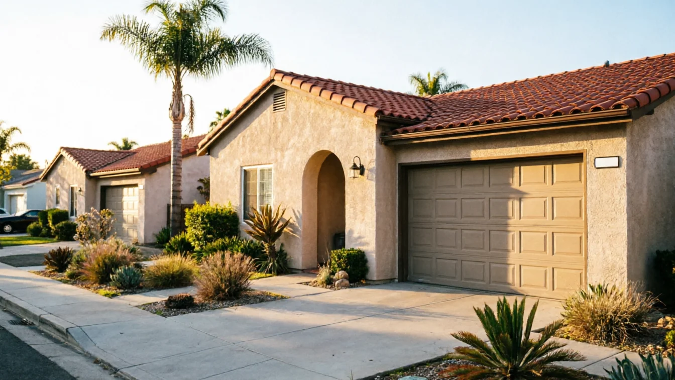 The house has a tan garage door, stucco walls, and a red tile roof.