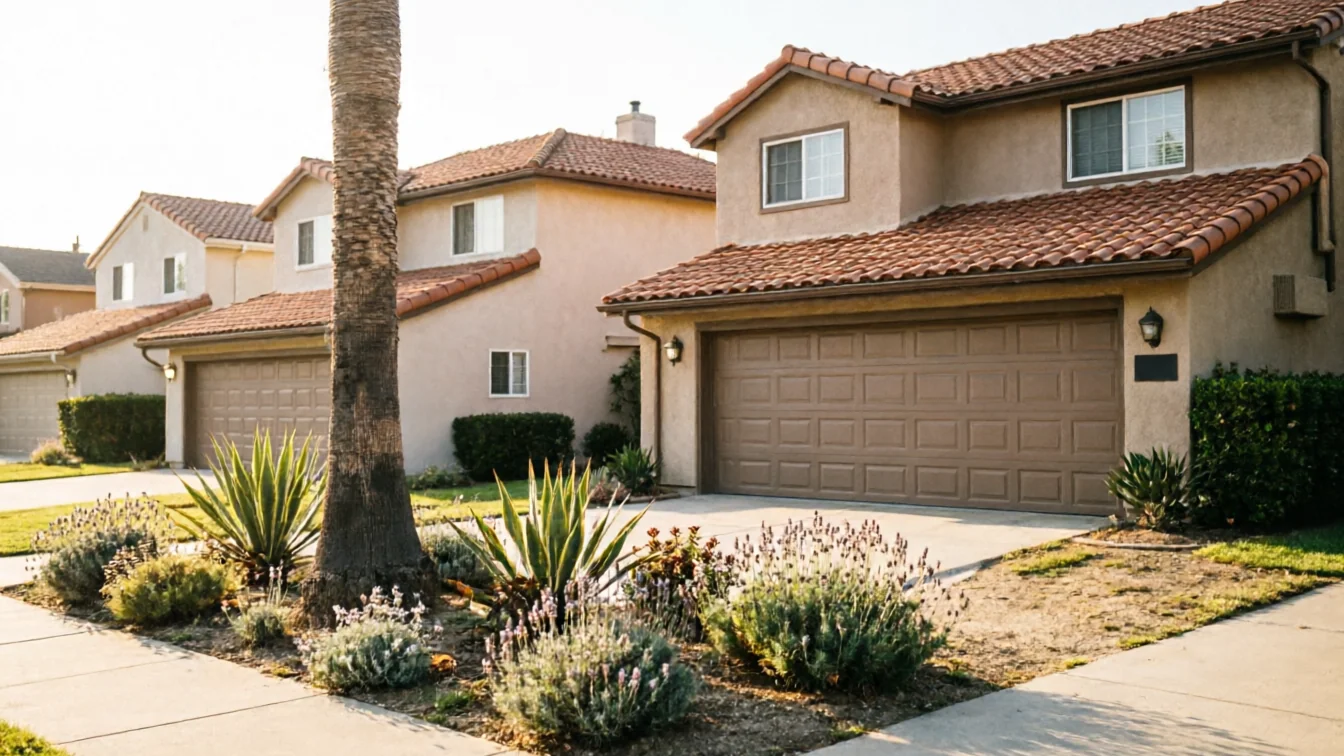 Three houses with brown garage doors and red tile roofs line a street.